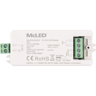 MCLED Stmívač pro řízení jasu stmívání odporem do 500 kΩ 0/1-10V 1 kanál 8A ML-910.010.22.0