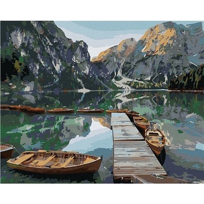 zuty Malování podle číselLoďky na horském jezeře 80 x 100 cm bez rámu a bez vypnutí plátna