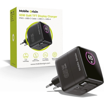 Mobile Origin Захранване за ел. мрежа с USB-A и USB-C изходи и вграден USB-C кабел - Mobile Origin PW3 GaN TFT Display Wall Charger 65W (черен) (MO-65WDCH-PW3)