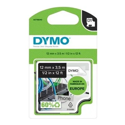 DYMO Етикетираща лента за машини, гъвкава ID, 12 мм x 3, 5 м, DYMO "D1", бяло-черна (16957)