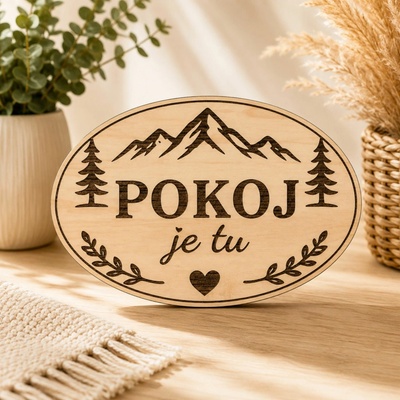 Drevená tabuľka na chatu - Pokoj je tu - oválna dekorácia