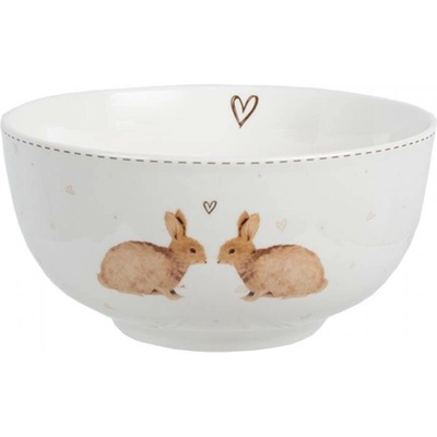 Clayre & Eef Bílá porcelánová miska na polévku s hnědými zajíčky Bunnies in Love 500 ml