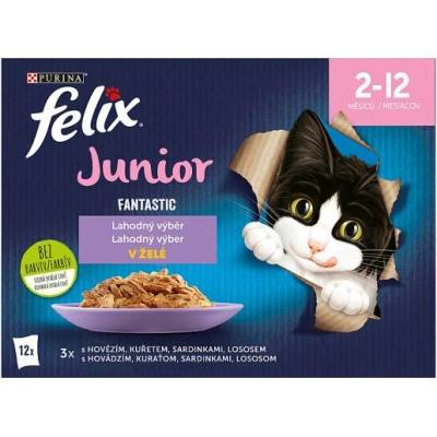Felix Fantastic Junior pre mačiatka hovädzie, kura, sardinky, losos v želé 12 x 85 g