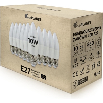 ecoPLANET 10x LED žiarovka E27 10W sviečka 880Lm teplá biela