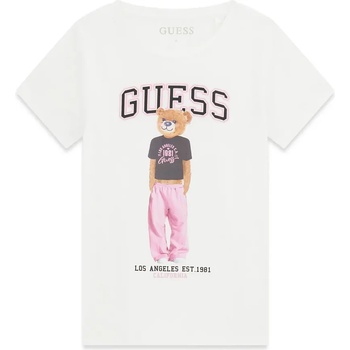 GUESS Бяла тениска за момиче с цветно мече и черен надпис Guess