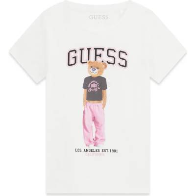 GUESS Бяла тениска за момиче с цветно мече и черен надпис Guess