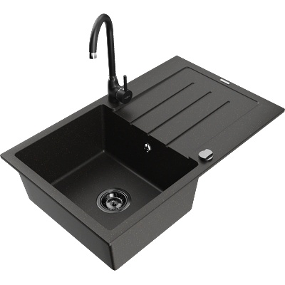 Mexen Bruno кухненска мивка гранитна с 1 камера и сушилник и кухненски смесител Telma, черен/златен - 6513-75-670200-70-B (6513-75-670200-70-B)