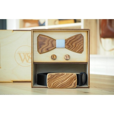Wood Style Set Hranatý Kořenice opasek motýlek a manžetové knoflíčky Modrá se vzorem