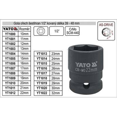 Yato Nástavec 1/2" rázový šestihranný 22 mm