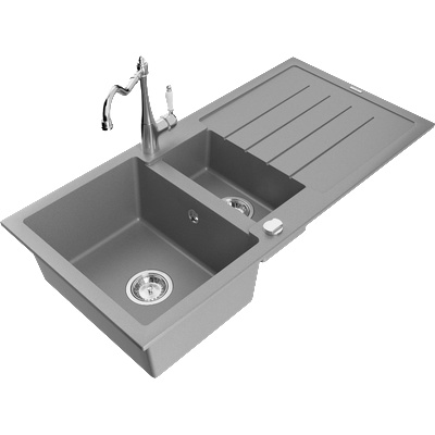Mexen Andres гранитна мивка с 1, 5 камери, отцеждач и кухненски смесител Carla, сив - 6515-71-670700-00 (6515-71-670700-00)