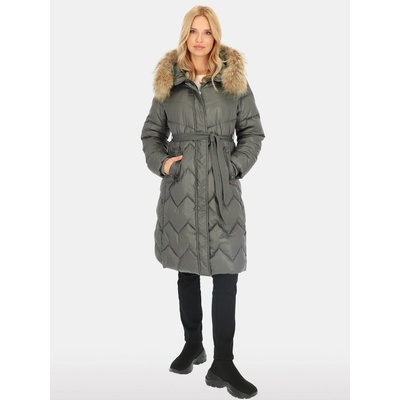 Perso Woman's Knee-length women's real down coat with raccoon fur dark olive color šedá