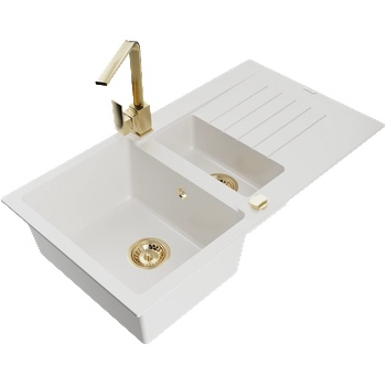 Mexen Matias гранитна мивка 1, 5-камерна с отцедник и кухненски смесител Rita, бял - 6502-20-670300-50 (6502-20-670300-50)