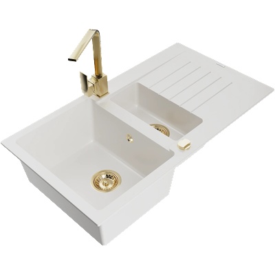 Mexen Matias гранитна мивка 1, 5-камерна с отцедник и кухненски смесител Rita, бял - 6502-20-670300-50 (6502-20-670300-50)