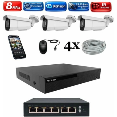 Amiko IP 3 kamerový set so switchom Varifokal 4K Ultra HD 8Mpix Tube 1805K3V2