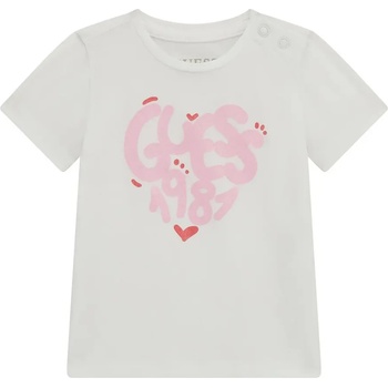 GUESS Бяла тениска за бебе момиче с розов надпис Guess