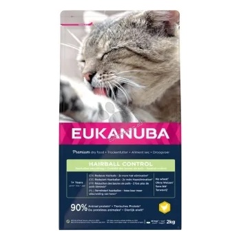 EUKANUBA Cat Adult Hair ball control - Пълноценна суха храна за израснали домашни котки, помагаща храносмилателната система и преработката на космените топки с пилешко месо, 2 кг