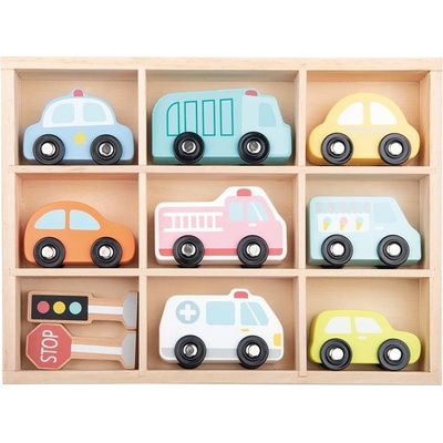 Lelin toys - Комплект дървени автомобили и пътни знаци