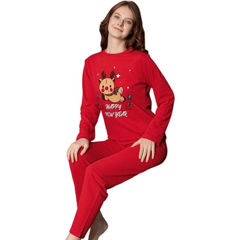 Image 1 of Дамска червена коледна пижама с апликация на еленче