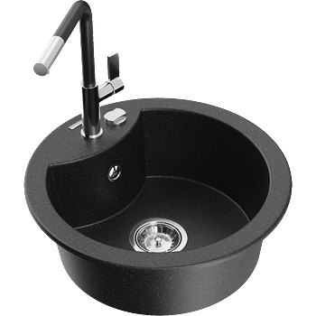 Mexen Diego еднокоморна кухненска мивка от гранит с кухненски смесител Flora, черен/сребърен металик - 6512-73-670401-07 (6512-73-670401-07)