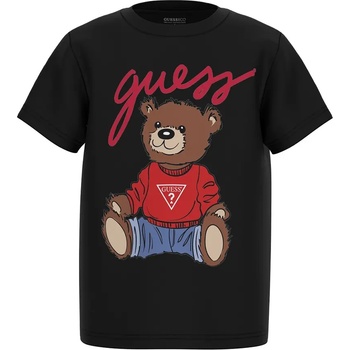 GUESS Черна тениска с къс ръкав за мини момче с голямо цветно мече и надпис Guess