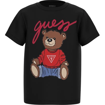 GUESS Черна тениска с къс ръкав за мини момче с голямо цветно мече и надпис Guess
