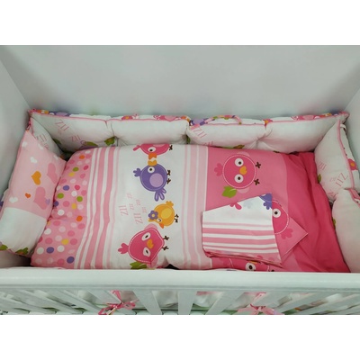 Sonel Олекотен комплект за бебешко легло 8 части 120/60 Sonel розово с птички