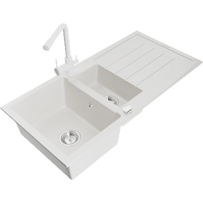 Mexen Andres гранитна мивка 1, 5-камерна с дренаж и кухненска батерия Duero, бяла - 6515-20-671600-20 (6515-20-671600-20)
