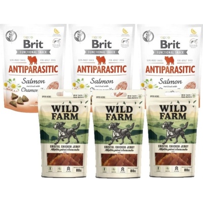 Functional Snack Brit Care Dog Antiparasitic 3 x 150 g & WILD FARM mäkké kuracie prsia 3 x 80 g