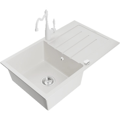 Mexen Bruno гранитна мивка с 1 отделение с отцедник и кухненски смесител Carla, бял - 6513-20-670700-20 (6513-20-670700-20)