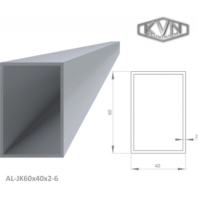 Hliníkový jekl 60x40x2 mm, délka 6000 mm, materiál EN AW-6060 T66, přírodní hliník bez povrchové úpravy, cena za kus