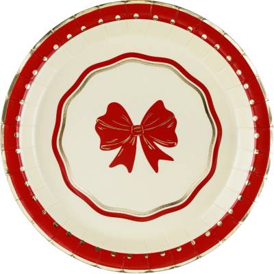 PartyDeco Papierové taniere s mašľou červeno-béžové 18 cm