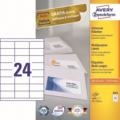 Avery Zweckform Etikety 100 listů A4 bílé 70 x 33,8 mm univerzální 3664 – Hledejceny.cz