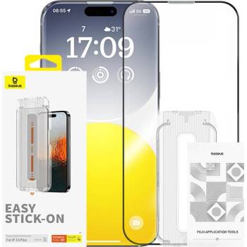 Baseus Sapphire Privacy Tempered Glass Film (0.30mm) - калено стъклено защитно покритие с определен ъгъл на виждане за дисплея на iPhone 15 Plus (черен-прозрачен)