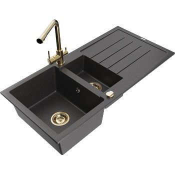 Mexen Andres гранитна мивка с 1, 5 камери с отцедник и кухненски смесител Duero, черен напетнен - 6515-76-671600-50 (6515-76-671600-50)