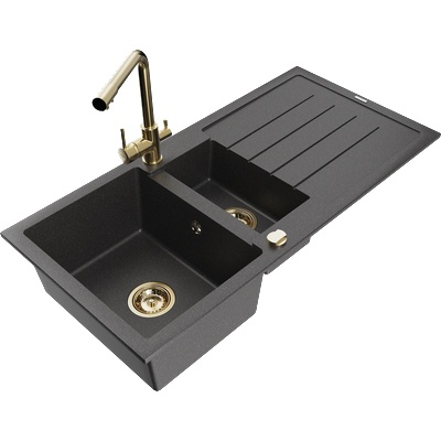 Mexen Andres гранитна мивка с 1, 5 камери с отцедник и кухненски смесител Duero, черен напетнен - 6515-76-671600-50 (6515-76-671600-50)