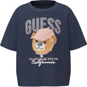 GUESS Тъмносиня къса тениска за момиче с кристален надпис Guess и сладко мече
