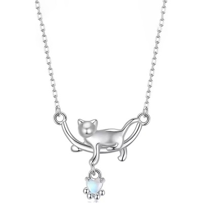 Grace Silver Jewellery Stříbrný náhrdelník s motivem kočky - měsíční kámen NH-SCN533/135 Stříbrná