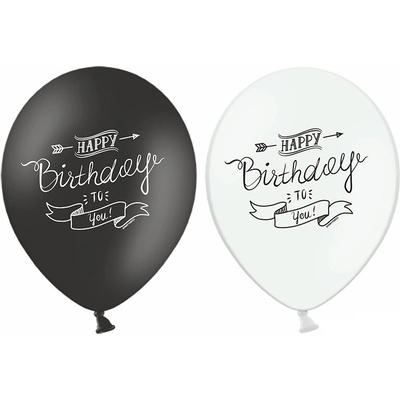 PartyDeco Latexový balón biely čierny Happy Birthday 30 cm