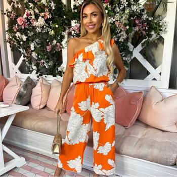 Image 1 of AX Paris Blood Orange Floral Print One Shoulder Jumpsuit - Blood Orange
