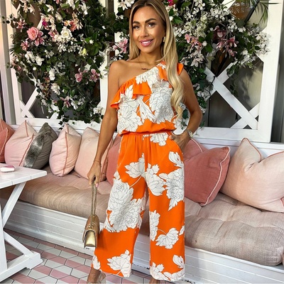 AX Paris Blood Orange Floral Print One Shoulder Jumpsuit - Blood Orange