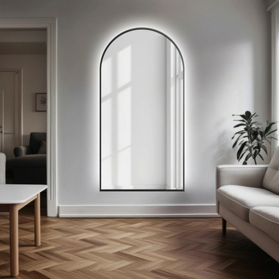 Alfaram Polovičné oválne zrkadlo v čiernom MDF SLIM ráme s osvetlením - DOMI LED - 80x160