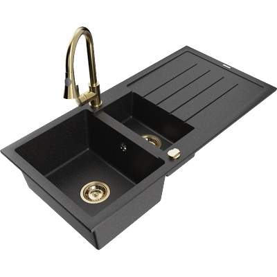 Mexen Andres гранитна мивка с 1, 5 отделения, със сушилник и кухненска батерия Elia, черен/сребрист металик - 6515-73-670101-50 (6515-73-670101-50)