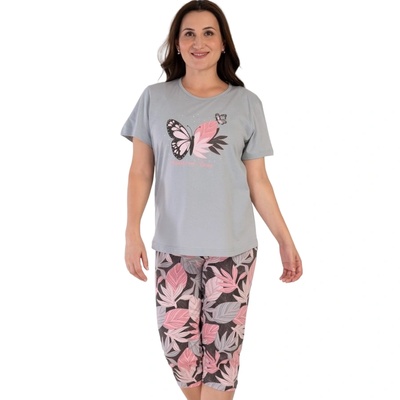 Дамска макси пижама в сиво с пеперуда и листа