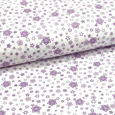Bavlněné plátno P0675 bílé, lila květinový motiv, š.140