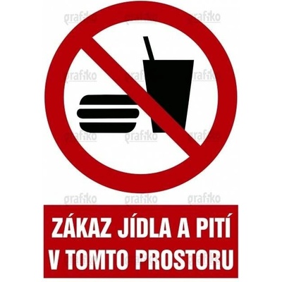 Grafiko | Zákaz jídla a pití - Text obrázku Zákaz jídla a pití v tomto prostoru, Materiál Samolepící PVC folie, Rozměr 210x148mm