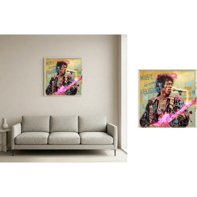 Rockový LED obraz s gitarou Jimi Hendrix – pop art dekorácia na stenu – 83 × 83 cm