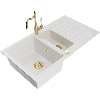 Mexen Matias гранитна мивка 1, 5-камерна с отцедник и кухненски смесител Carla, бял - 6502-20-670700-50 (6502-20-670700-50)