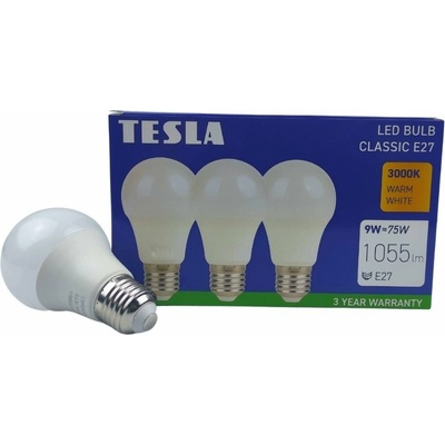 Tesla LED žiarovka LED žiarovka BULB E27, 9W, 230V, 1055lm, 25 000h, 3000K teplá biela, 220st 3ks v balení BL270930-3PACK