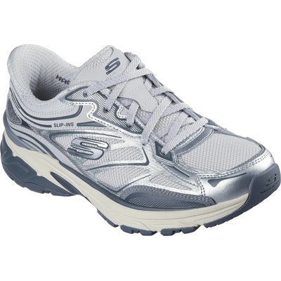 Skechers Дамски маратонки Skechers Metallic Overlay Mesh Lace-Up Slip- Runners Womens - White/Silver