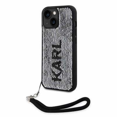 KARL LAGERFELD Sequins Reversible Case - дизайнерски силиконов кейс с връзка за носене за iPhone 14 (черен)